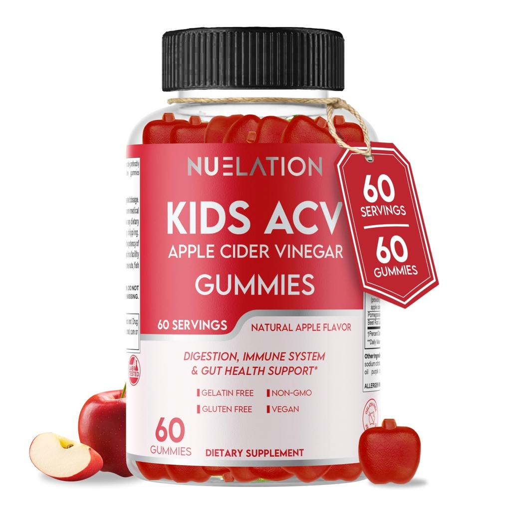 Apple Cider Vinegar Gummies för barn, 60 portioner. Gluten Free, Vegan och Gelatin Free ACV Gummies