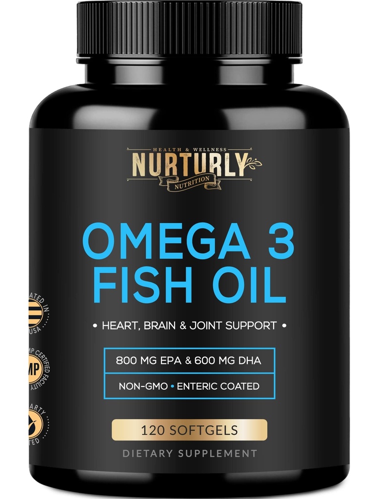 Omega 3 Fish Oil 2000mg, 800mg EPA ja 600mg DHA - Enteric päällystetty ja Burpless - Tukee aivot, ja sydän - Burpless, Ei-GMO, 3rd Party Lab testattu ja NSF Certified - 120 Softgels