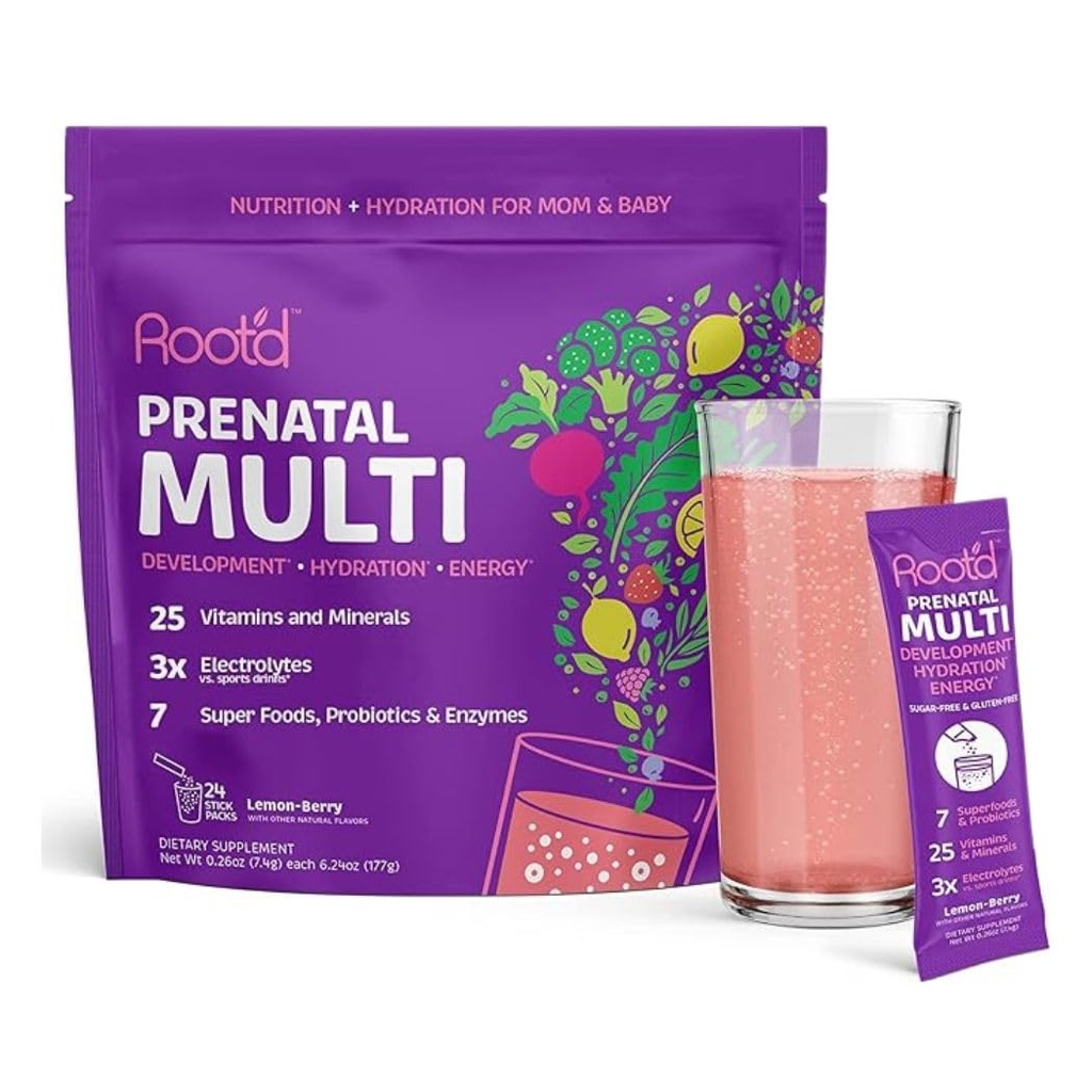 Root'd Prenatal Multivitaminpulver med 3X Electrolytes - 25 Vitaminer & Mineraler, Folat, Järn, Vitamin D3, 7 Superfoods & Probiotika, Sugar-Free Vitaminer & Hydration | 24 Vitamin Drink Mix Packets