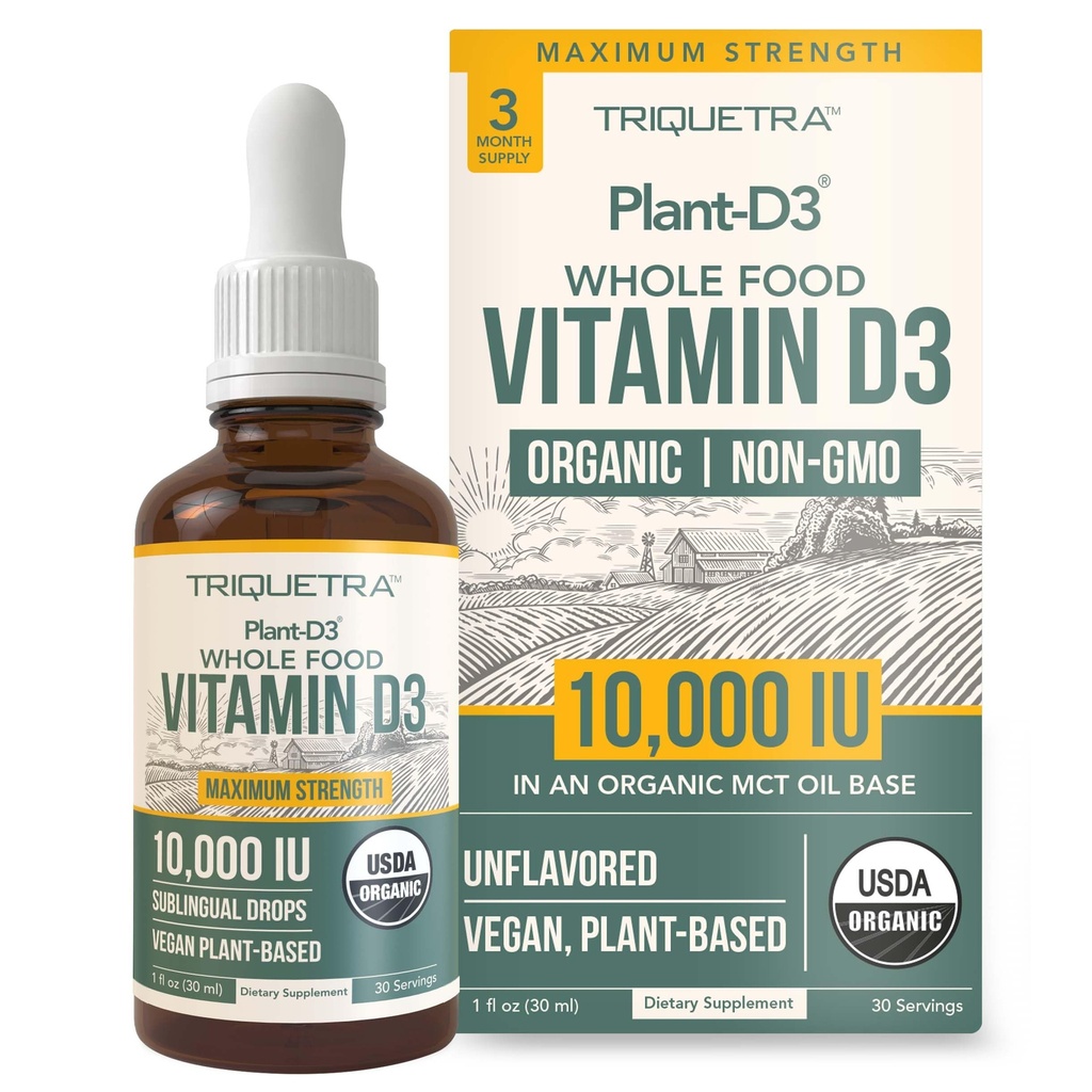 Orgaaninen D3-vitamiini 10 000 IU - Kasvi D3, Vegan, Max Strength Sublingual Liquid D3 Drops - 200% suurempi Imeytyminen, 100% Plant-Based Kolekalsiferoli Form & Vegan D3, säädettävä annos (30 annosta)