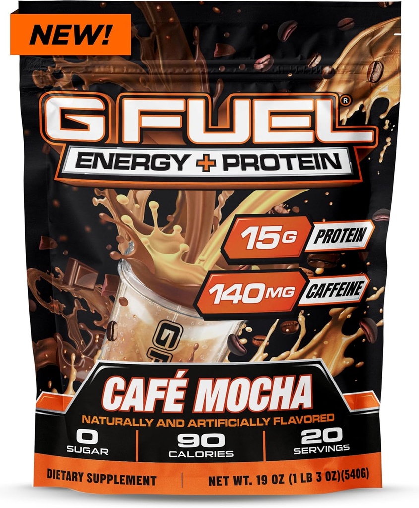 G Fuel Protein + Energy Drink Powder, Pre Treeni kofeiini Mix Gaming, Sokeriton Focus Amino, vitamiini + antioksidantteja, 19oz (Cafe Mocha, 20 tarjoilua)