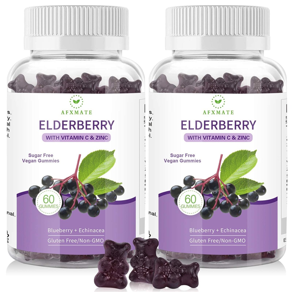 AFXMATE Sambucus Musta Elderberry Gummies sinkkiä ja C-vitamiinia aikuisille Lapset Immuuni tuki, sokeriton 120 kreiviä