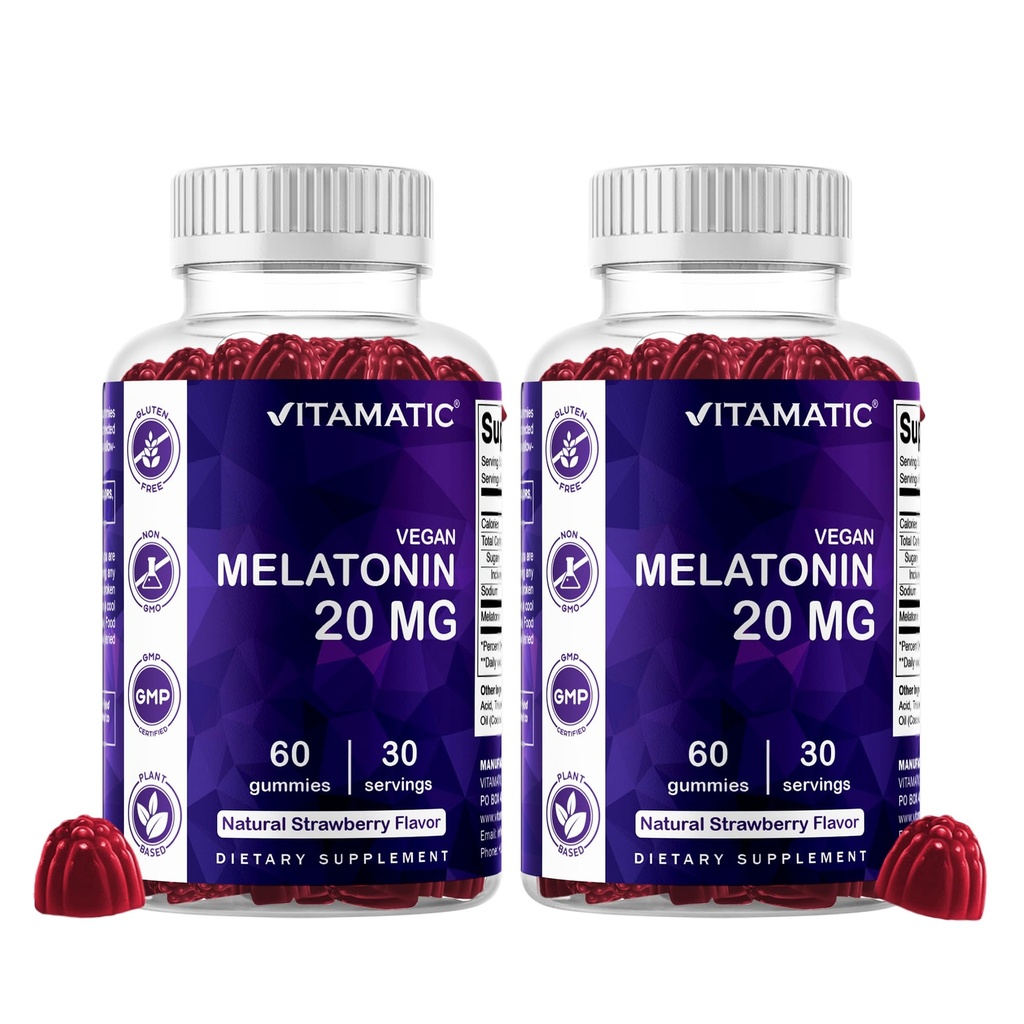 Vitamatic melatoniini 20mg Gummies for Aikuinen, 30 Tarjoilua - 60 Count - Non-Habit Forming Supplement (Pack of 2)