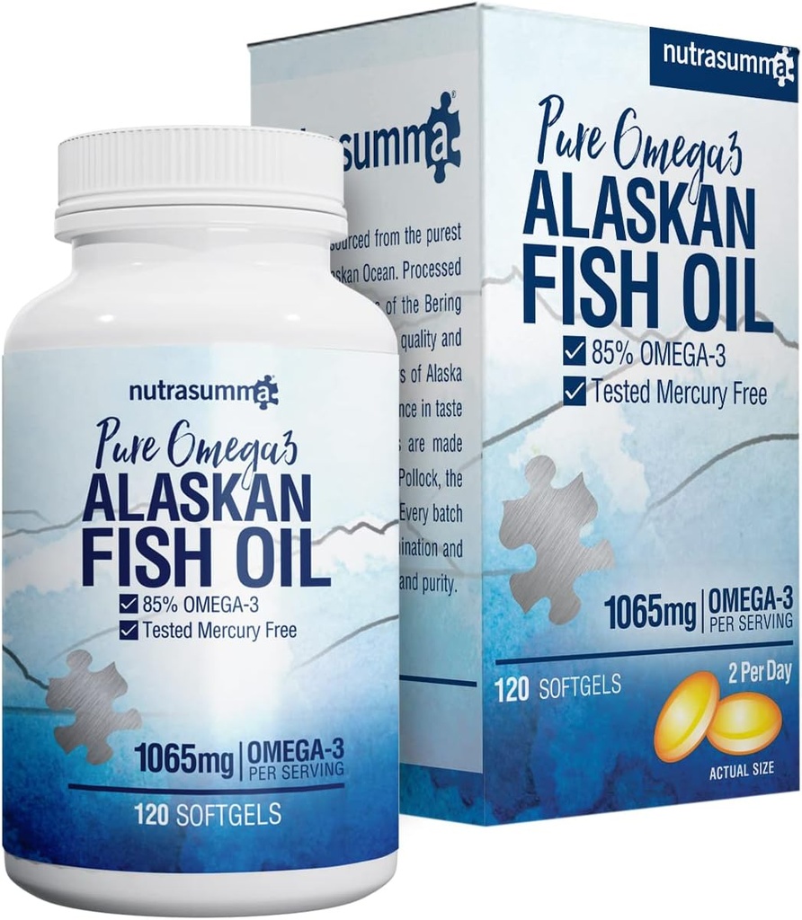Nutrasumma High Purified Omega 3 Supplement Wild Alaskan Fish Oil Burpless & No Fishy Taste, 650mg EPA & 270mg DHA av 1250mg Fish Oil Softgels, Gluten Free, Heart, Brain & Immune Support, 60 Servings