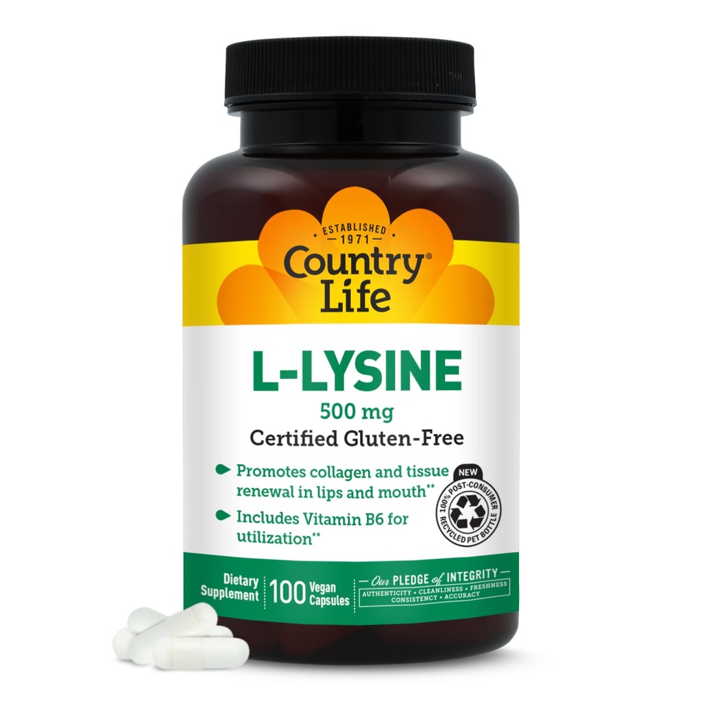 Country Life L-Lysine 500mg kanssa B-6, Tukee Immuuniterveys, edistää Collagen uudistumista huulet ja suu, 100 vegaaninen kapselit, Certified Gluten Free, Certified Vegan