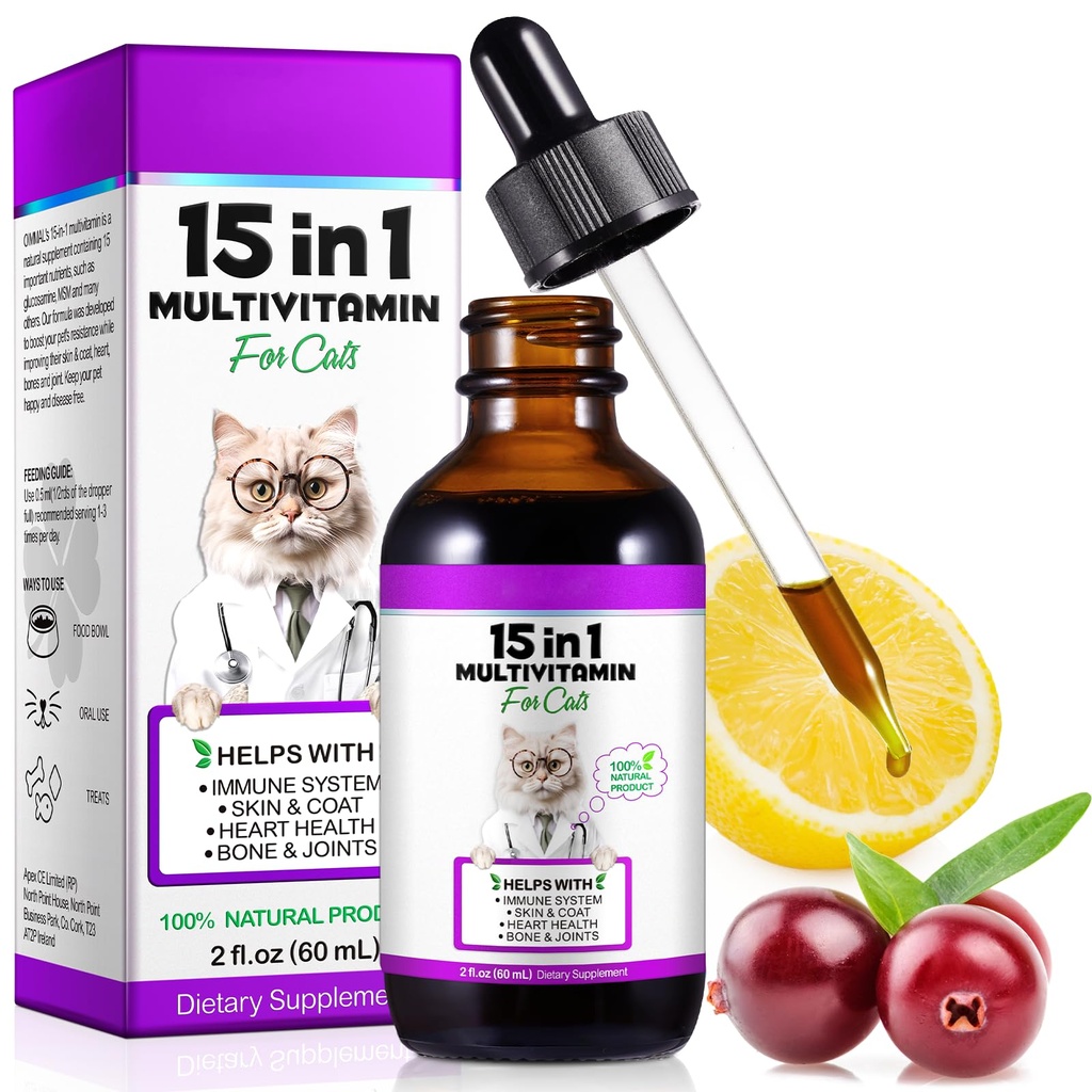 Kissa Multivitamiini,15 in 1 Kissa Vitamiinit Liquid Drop Lisäravinteet Heart Health, Bones, Joint, Iho ja turkki, Virtsarakko, Immuunijärjestelmä tuki 60ml
