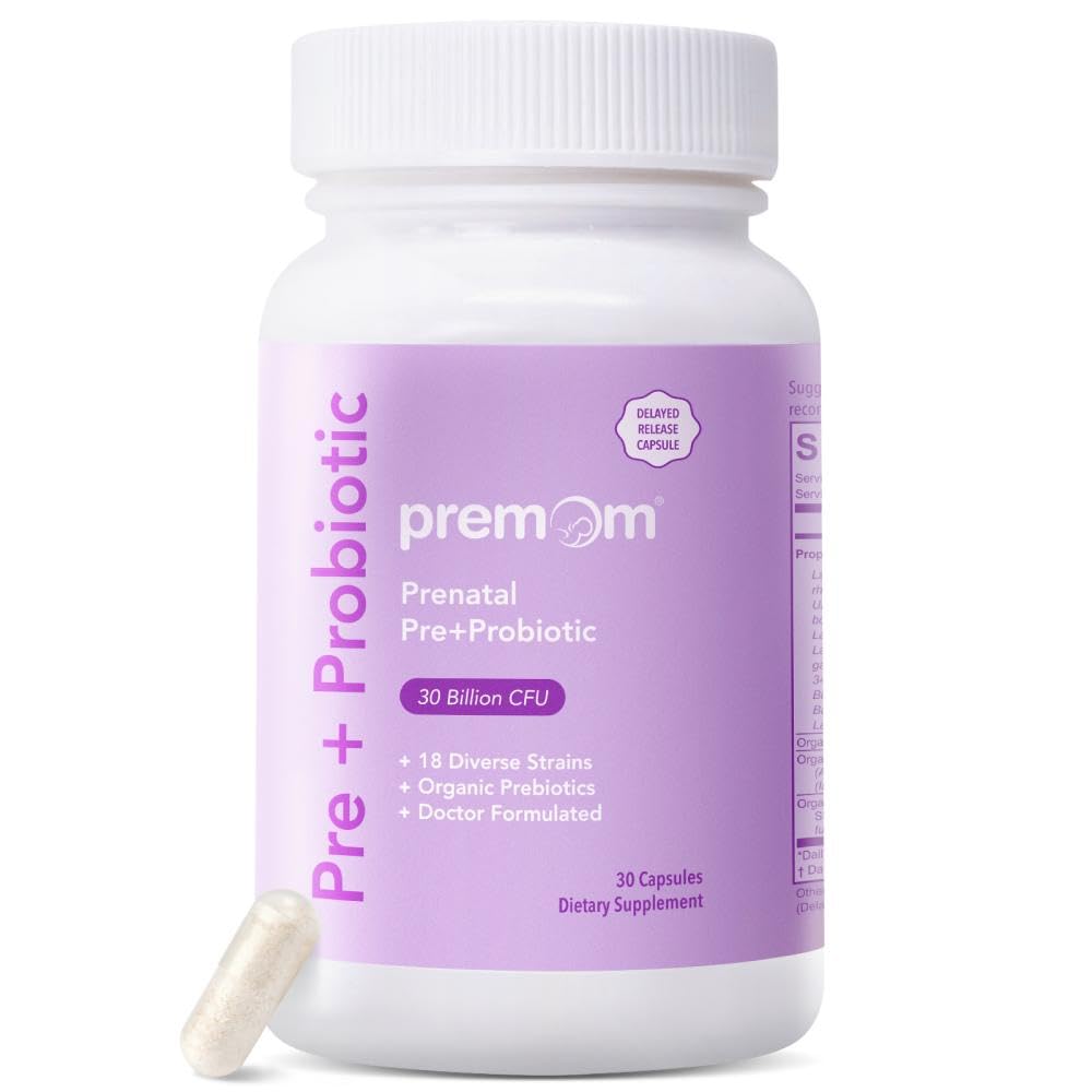 Premom Prenatal Pre & Probiootit naisille: 18 Diverse Organic Prebiootit kanta - tukee ruoansulatuskanavan, 30 miljardia PMY, Gut & Immuuni terveys äidille ja vauvalle - päivittäin kapselit