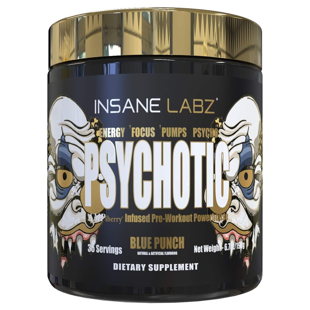 Insane Labz Psykotic Gold, High Stimulant Pre Treenout Powder, Extreme Lesting Energy Focus, Pumps ja Endurance Beta Alanine, DMAE Bitartraatti, NO Booster (35 tarjoilua, Blue Punch)