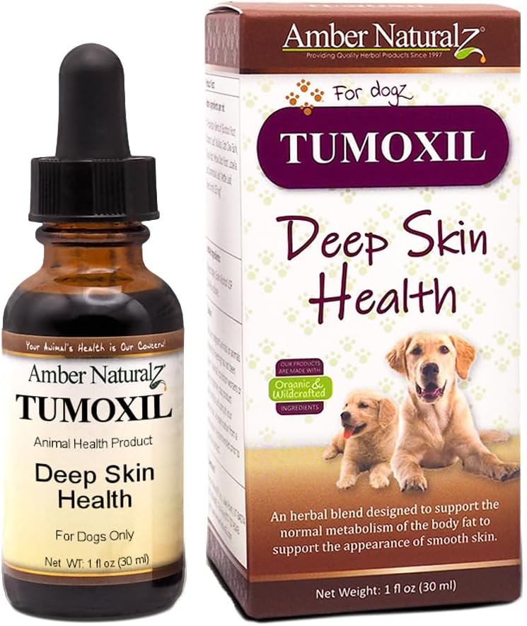 Amber NaturalZ Tumoxil Deep Skin Health Herbal Supplement för hundar och valpar | Canine Herbal Supplement för hud och Metabolism Support | 1 Fluid Ounce Glass Bottle