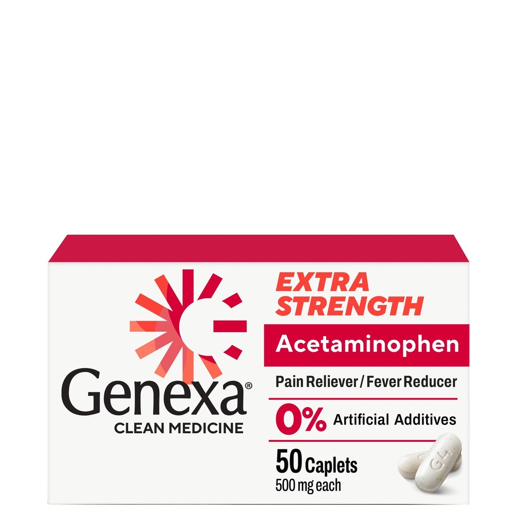 Genexa Clean Acetaminophen 500 mg Extra Strength, Dye Free Pain Reliever Fever Reducer, 0% Keinotekoiset lisäaineet, kipulääke aikuisille, lievittää päänsärkyä, selkäkipua, vähäinen niveltulehduskipu, 50 tablettia