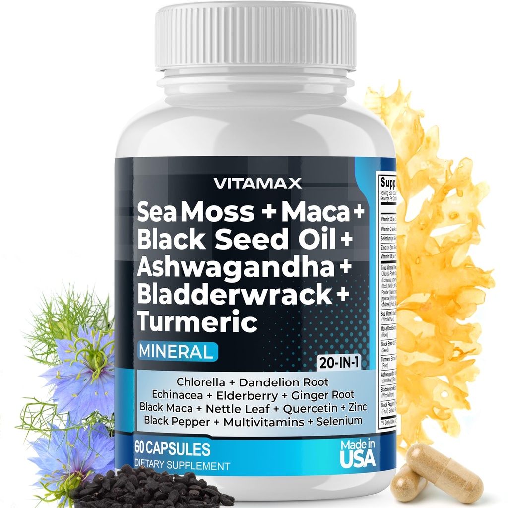 Sea Moss Maca Black Seed Oil Ashwagandha Rannerengas Turmeric - Manuka Honey, Elderberry, C-vitamiini & D3, Voikukka & Mustapippuri - Ei-GMO - Vegan - Valmistettu USA - 60ct