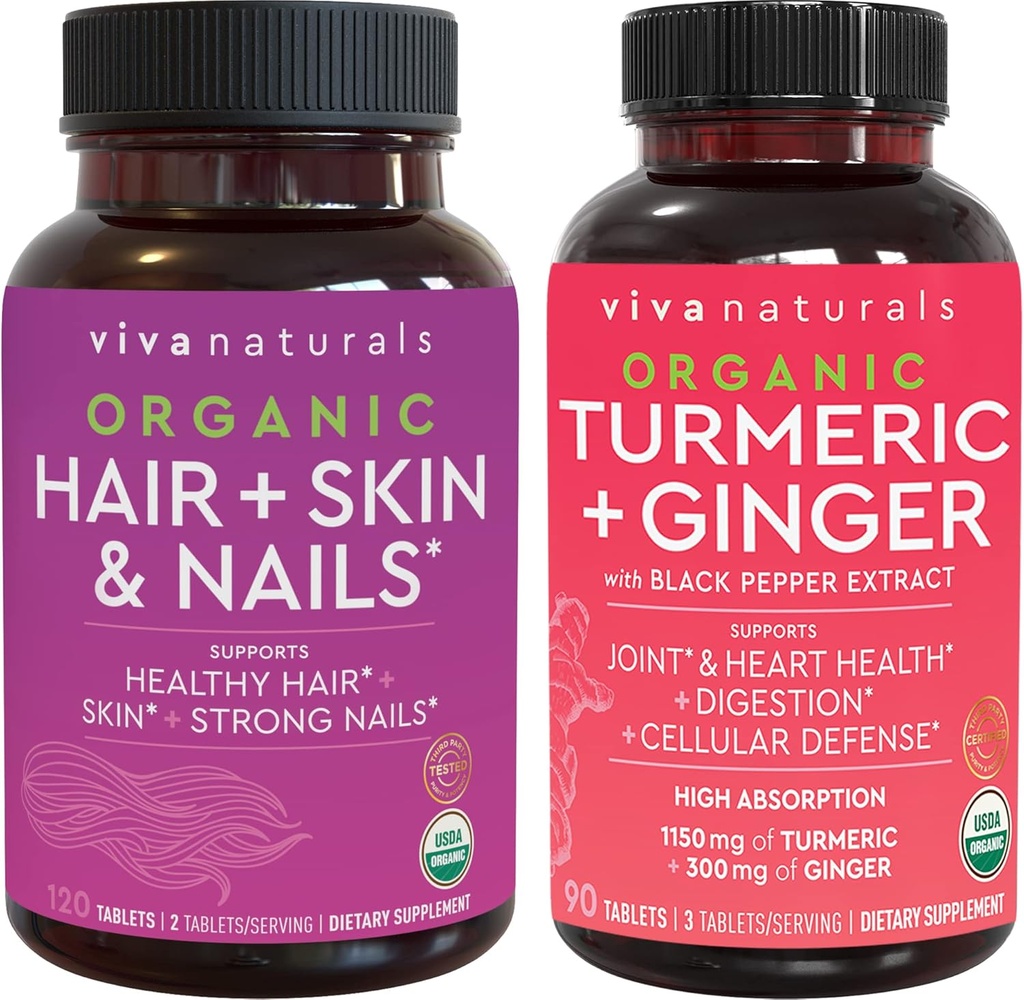 Orgaaniset hiukset iho ja kynnet vitamiineja + Luomu Turmeeria Black Pepper & Inkivääri Bundle, valmistettu Biotin 5000 mcg terveille hiuksille, Turmeric Natural Joint tuki