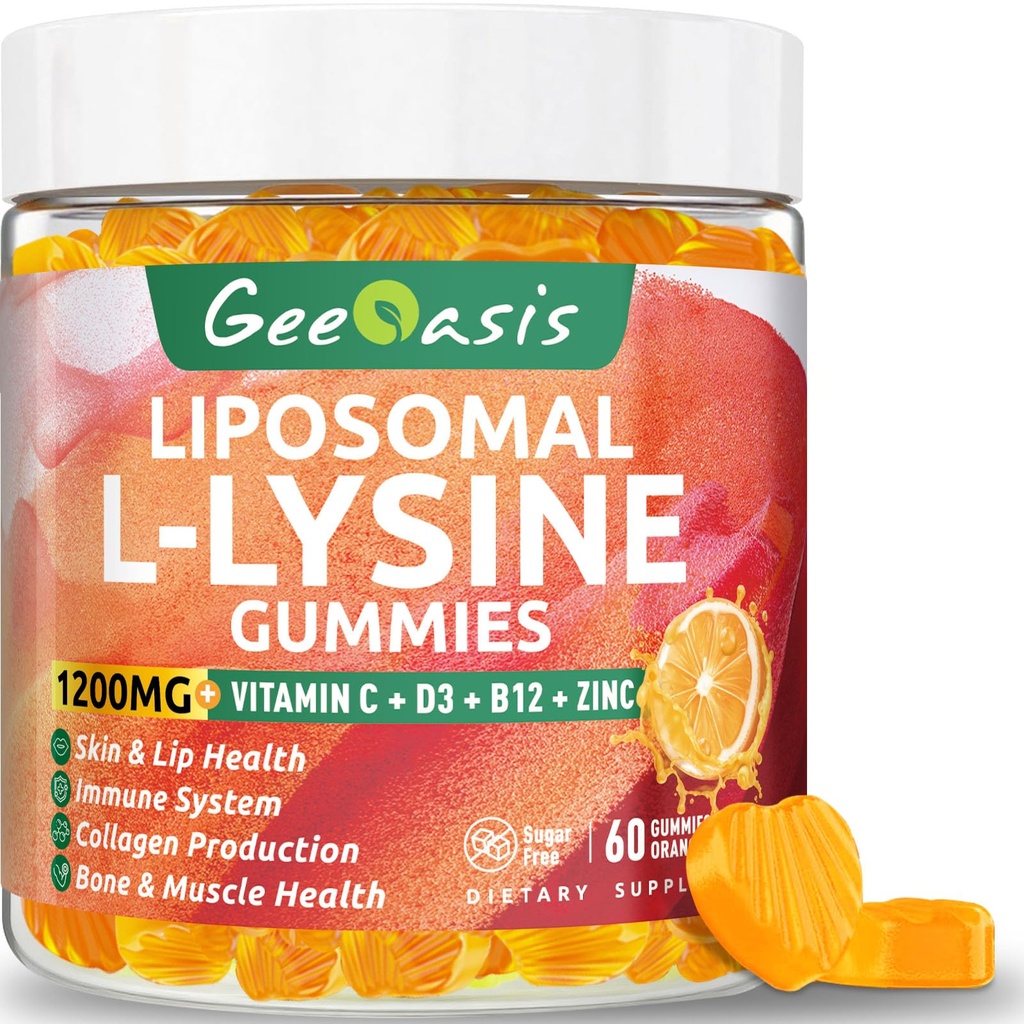 Liposomaalinen L- lysiini Gummies 1200 mg, lysiini purutabletti C-vitamiinin, D3, B12 & Sinkki aikuisille ja lapsille, immuuni- ja kollageenituki, huulet ja ihon terveys, vegaaninen, luonnon hedelmien maku 60CT