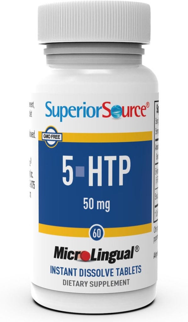 Superior Source 5-HTP 50 mg - Natural Supplement Aids Restful Sleep & Neurotransmitter Functions - Brain Health & Function Support - 5-Hydroksitryptofaani täydentää - 60 Instant liuottaa Tabletit