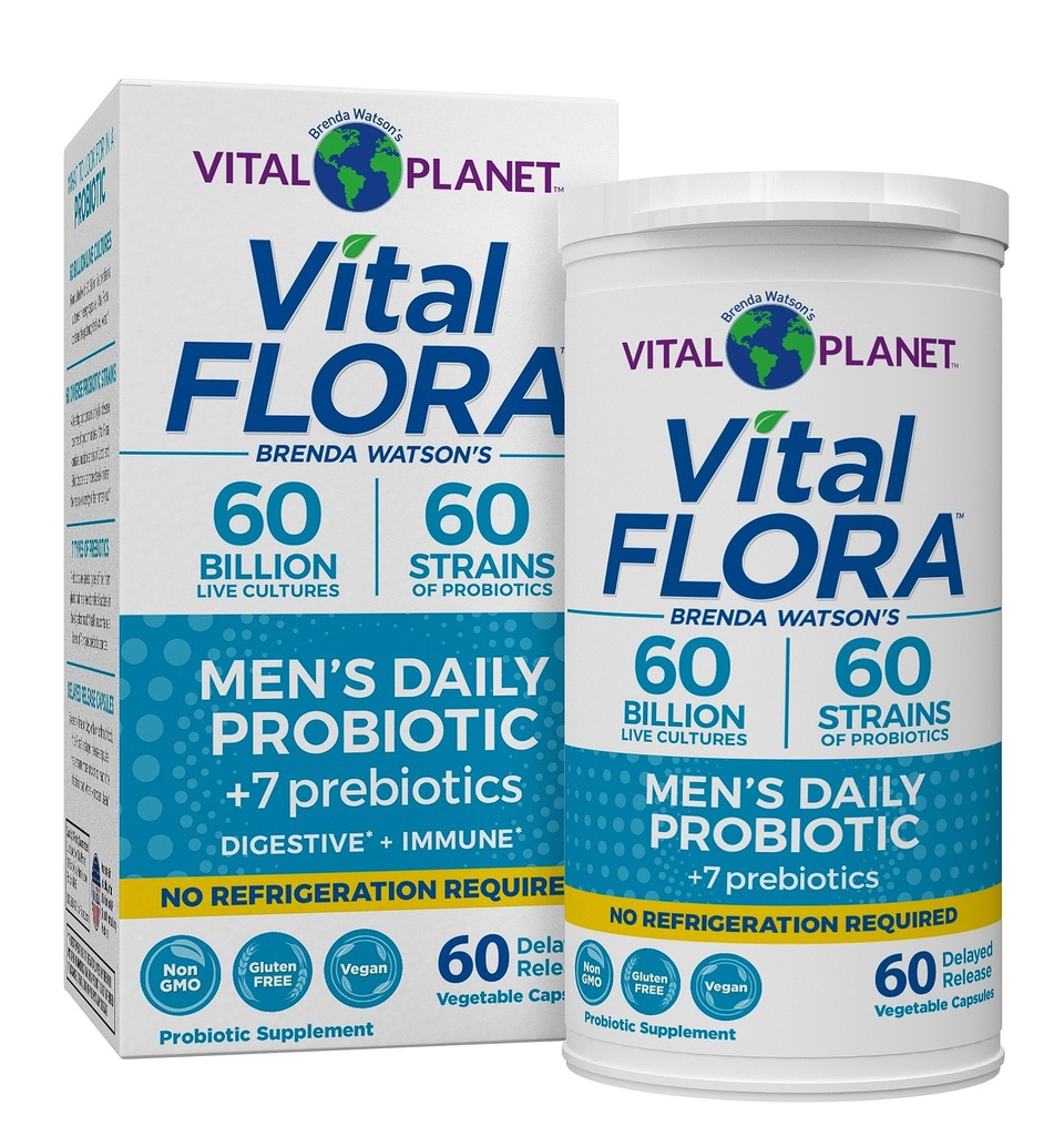Vital Planet - Vital Flora Probiotics for Men, 60 Billion CFU, 60 Diverse Strains, 7 Organiska Prebiotika, Mäns Daily Shelf Stable Probiotic för Immune Support, Gas Relief, Digestive Health 60 Capsules