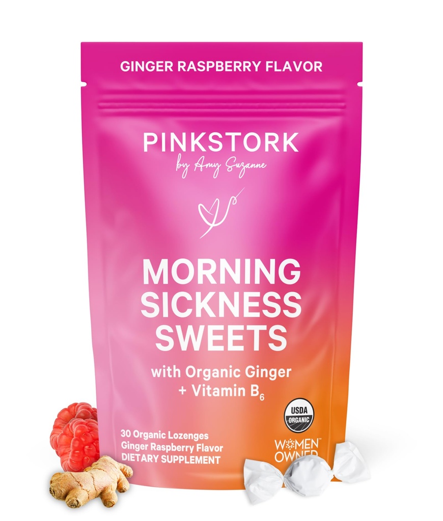 Vaaleanpunainen Stork Aamu Sairaus Sweets, Luomu vadelma inkivääri karkkia B6-vitamiini, tuki Motion Sairauden, Prenatal Heartburn - Raskaus on - 30 kääritty tippa