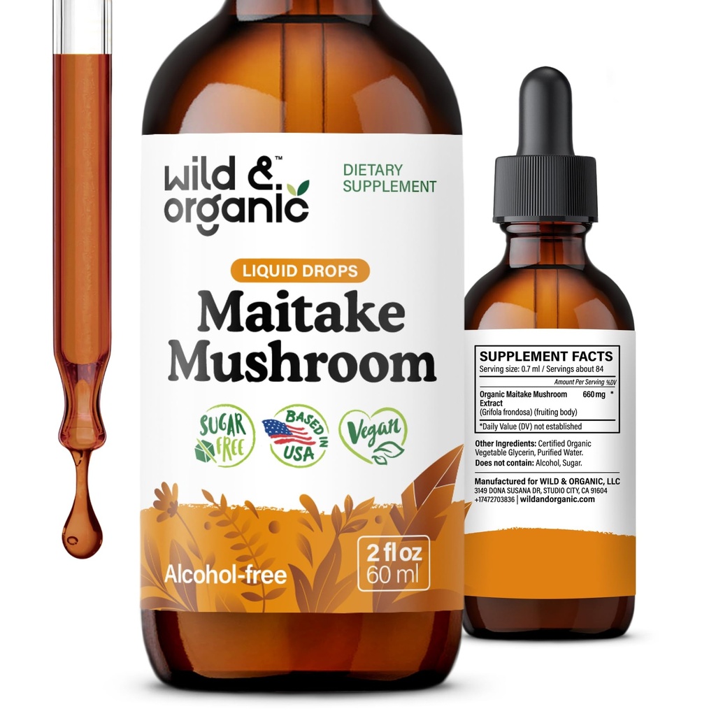 Wild & Organic Maitake Mushroom Drops - Liquid Mushroom Supplement för Immune Support - Maitake Extract Tincture - Vegan, Sugar & Alkoholfri - 2 fl oz