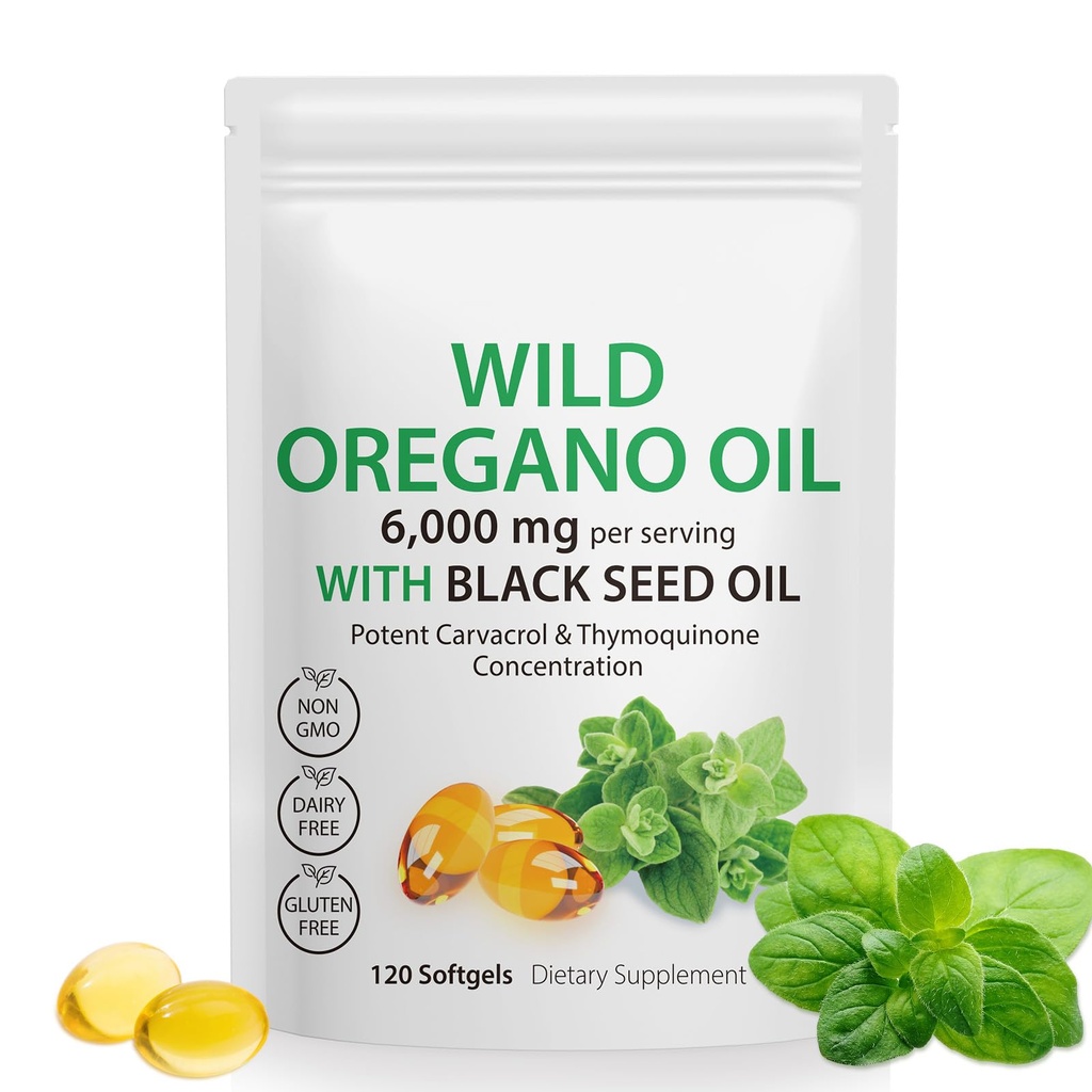 Öljy Oregano Softgels - Wild Oregano Oil 6000mg musta siemenöljy 200 mg kapselit, 120 Count, Potent Carvacrol & Thymokinoni, ei-GMO, Dairy Free, Gluteenittomat