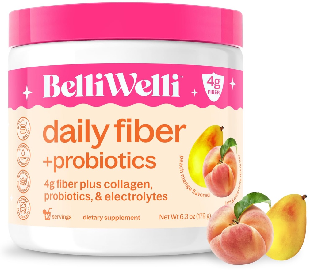 BelliWelli Fiber Supplement för kvinnor och män - Premium Daily Fiber Powder från organisk Acacia med tillsatt Collagen, Electrolytes & Probiotics - No Bloat, Constipation & Gut Health Support (Peach Mango)