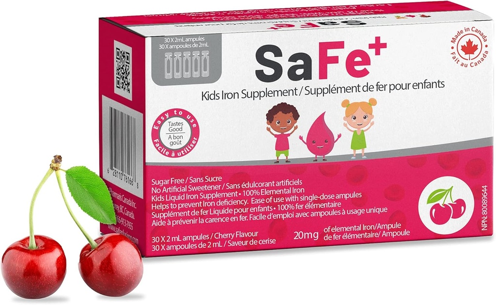 SaFe + flytande järn för barn | Stor smak av körsbär smak | Lätt att använda 20mg / 2ml järn per ampule | 30 Enhetsdoser (2 ml) Jag Sugar Free & Allergen Free Jag behåller fysisk och mental välbefinnande