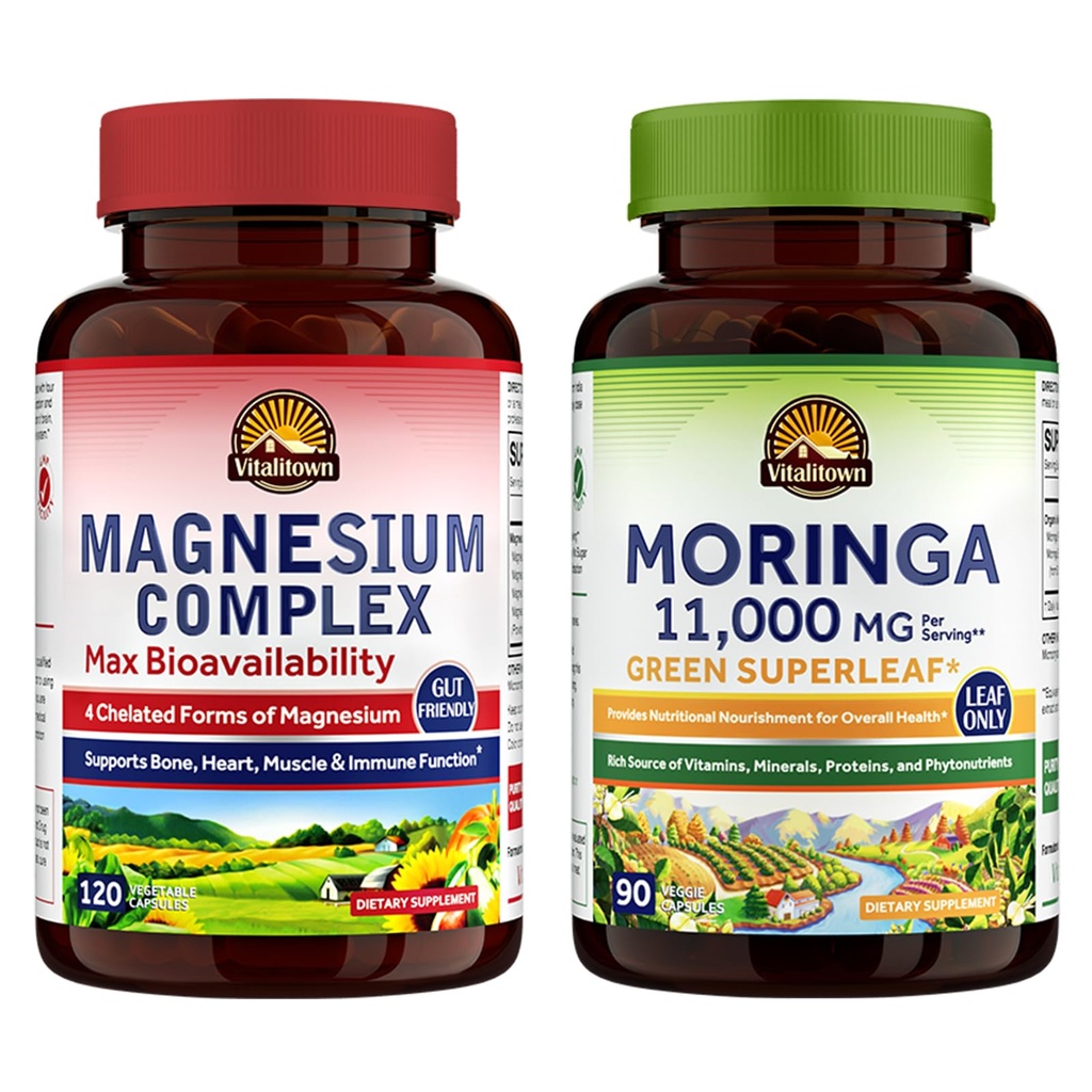 Vitalitown Magnesium + Moringa Bundle (Pack of 2) ... Magnesium Complex (Item 1) & Moringa (Item 2) 120 Magnesiumkapselit & 90 Moringa-kapselit