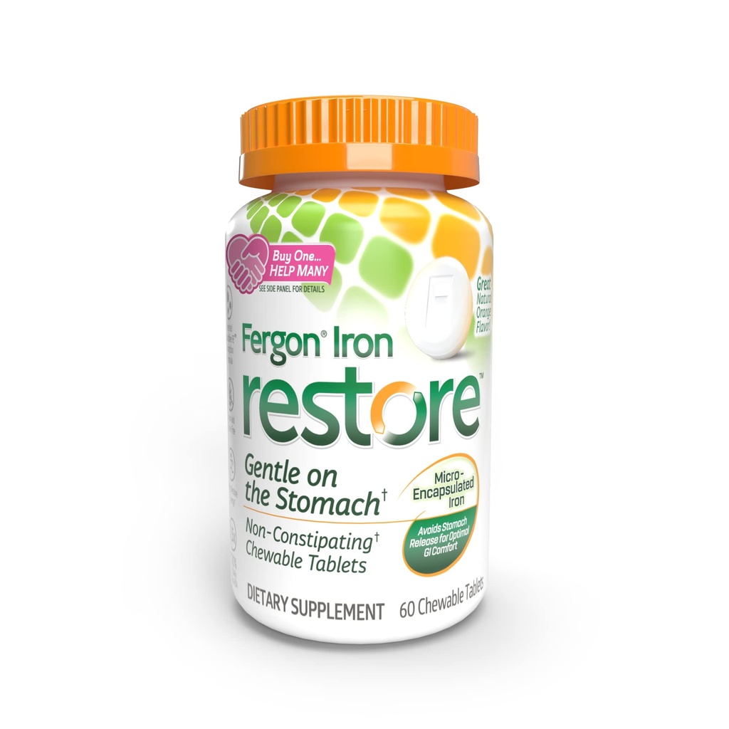 Fergon Iron Restore Pureskeltavat tabletit - Hellävarainen vatsassa, ei-kosteuttava - 27mg Rauta energiatuki 60 tablettia