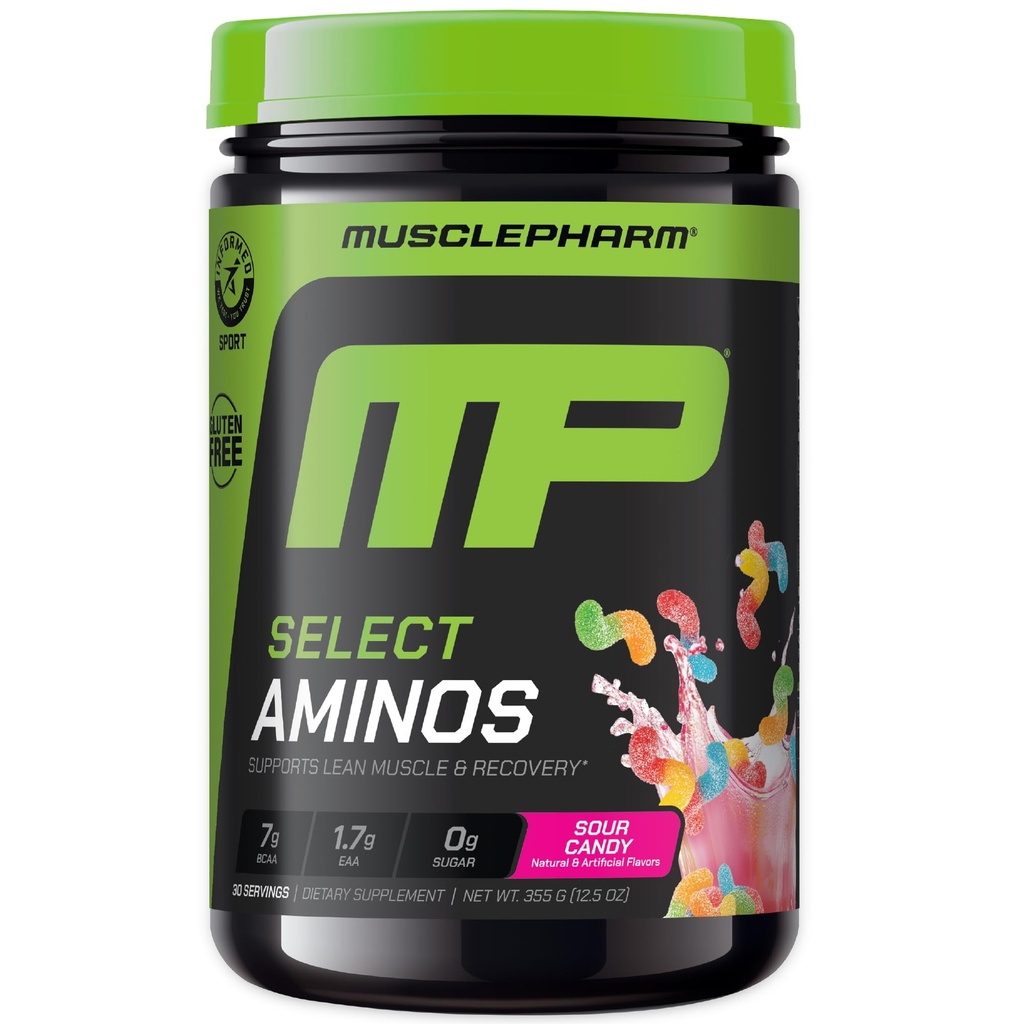 MusclePharm Select Aminon EAA + BCAAs, Post Treout Essential Amino Acids Powder, Pre Treout Energy Supplement miesten ja naisten haaraketju Aminohapot, 30 Tarjoilut (Sour Candy)