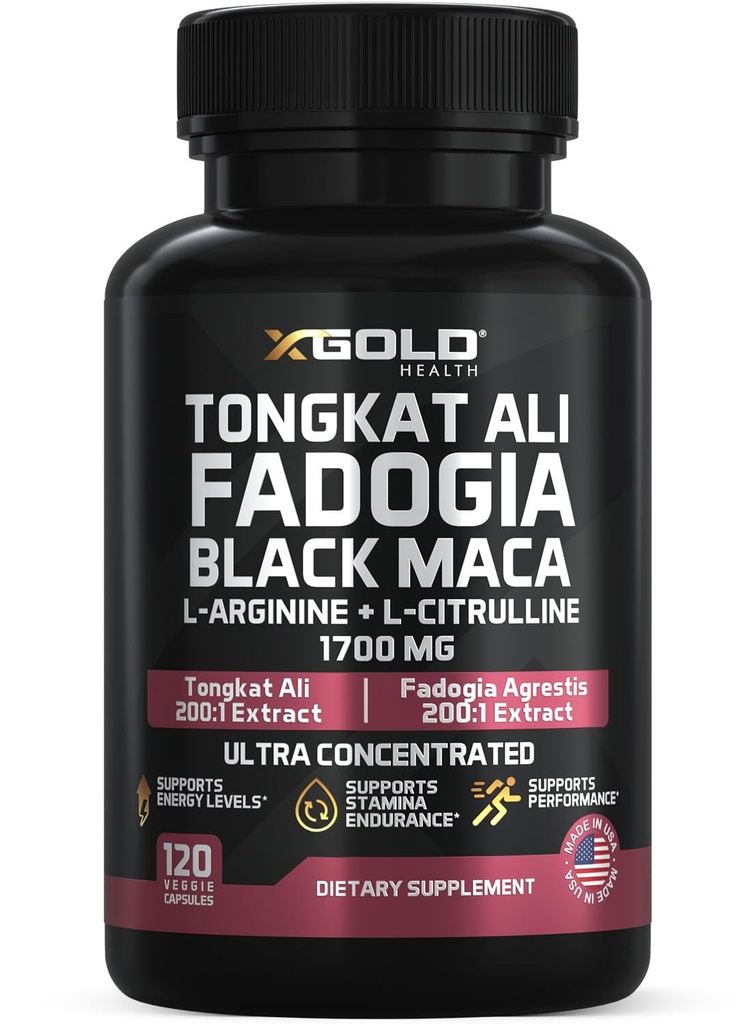 X Gold Health Tongkat Ali + Fadogia Agrestis + Black Maca - Energi, Vitality & Stamina Booster för män och kvinnor tillverkade i USA