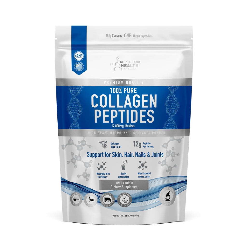 Intelligent Health Collagen Peptides Powder, 45 tarjoilua, hydrolysoitu kollageeni, tyyppi I & III, Grass Fed, makuamaton, gluteeniton, Keto/Paleo, 10g tarjoilu, 15,9 Oz, ihon tuki, hiukset, kynnet, nivelet