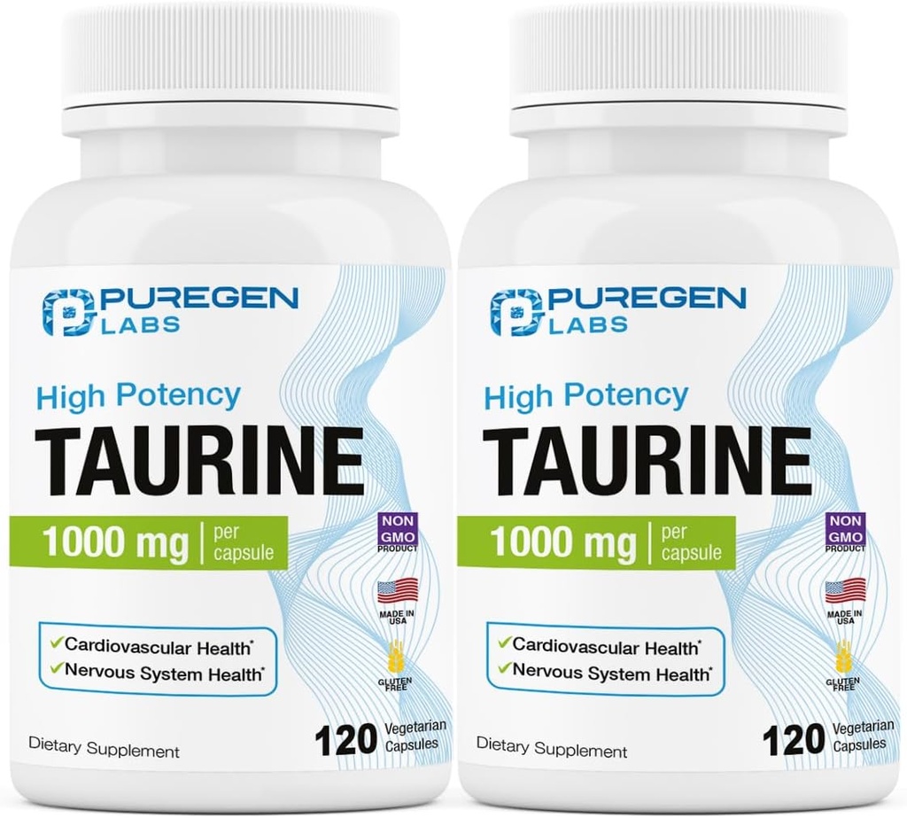 Puregen Labs Taurine 1000mg [High Potency] Total 240 Veg kapslar | Inga skadliga tillsatser | Icke-GMO, NO Gluten och Dairy, stöder hjärthälsa och muskelåterhämtning | Tillverkad i USA