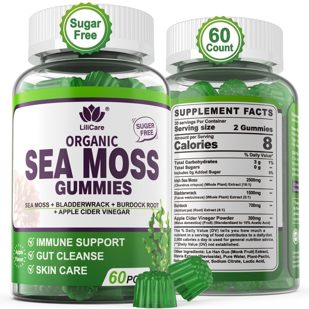 Sea Moss Gummies - Irish Sea Moss Gummies for Adults & Kids - Avancerad Superfood Seamoss Supplement med Organic Bladderwrack & Burdock Root Extract, ACV för Daily Immune, Gut Cleanse, Vegan, 60 Counts