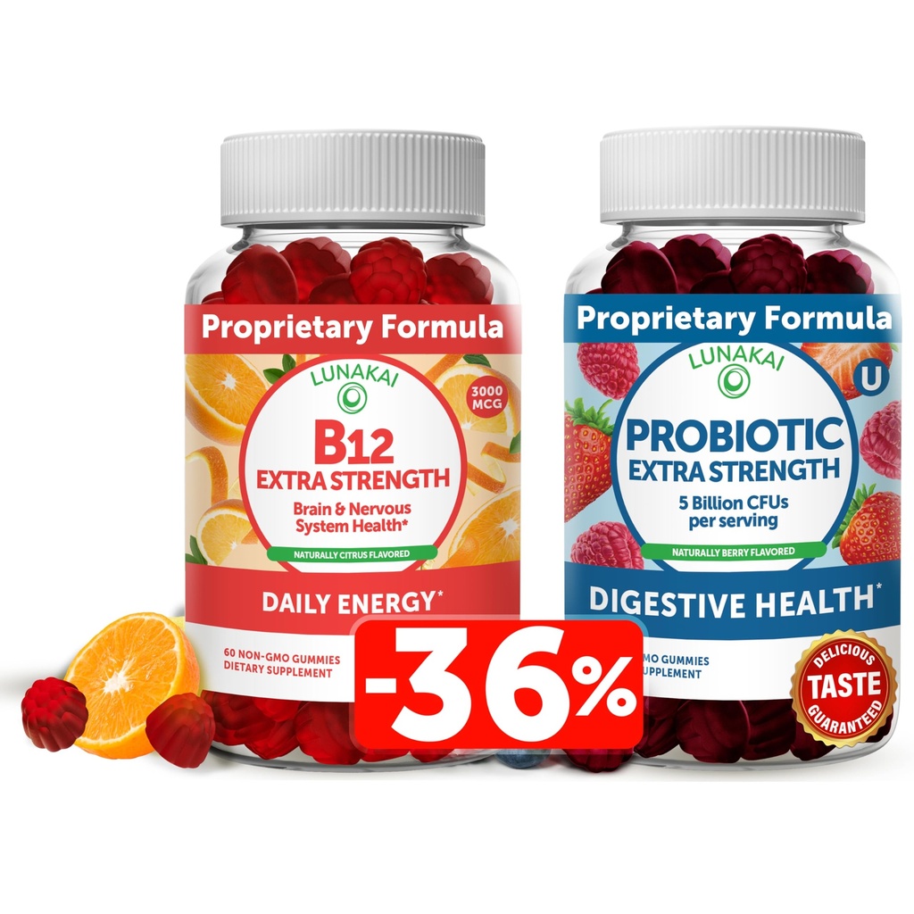 Lunakai-vitamiini B12 ja Probiootti Gummies Bundle - 3000 mcg Gommy for Aikuinen energiatuki ja luun terveys - 5 miljardia PMY per tarjoilu Dgestive Gut Health kanssa C-vitamiini naisille ja miehille