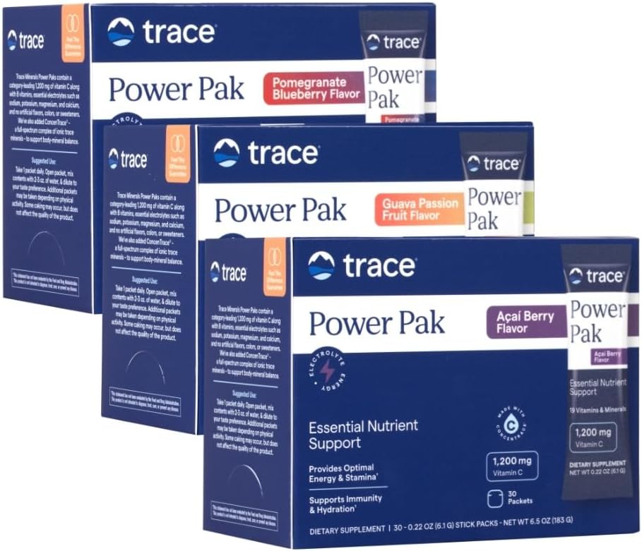 Trace Minerals Power Pak Multivitamiini ja Multimineral Packets - Electrolyte Support - 1200 mg C-vitamiini Plus 70 Acai Marja, mustikka granaattiomena ja Guava Variety - 90 Packets
