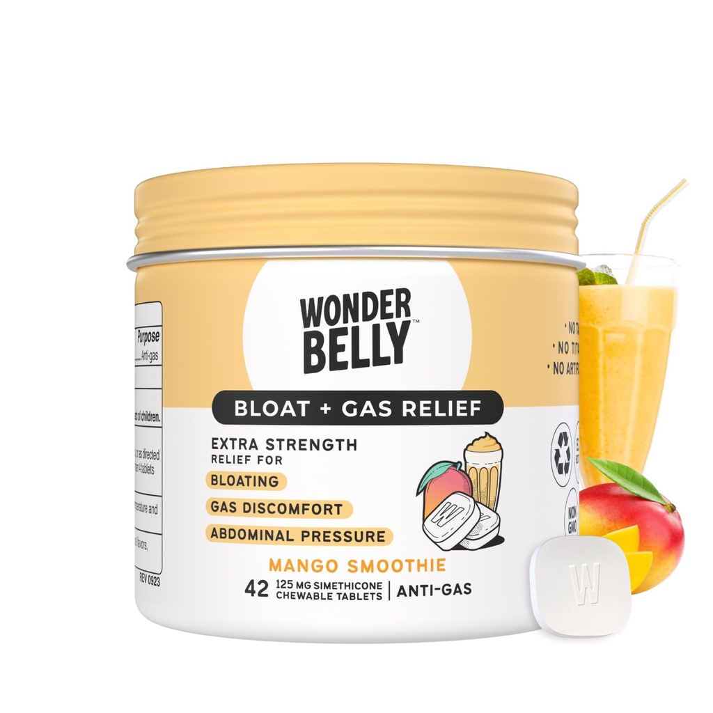 Wonderbelly Bloat + Gas Relief, Extra Strength Chewable Tablets, med 125 mg Simethicone, No Talc eller Dye, Mango Smoothie, 42 Count