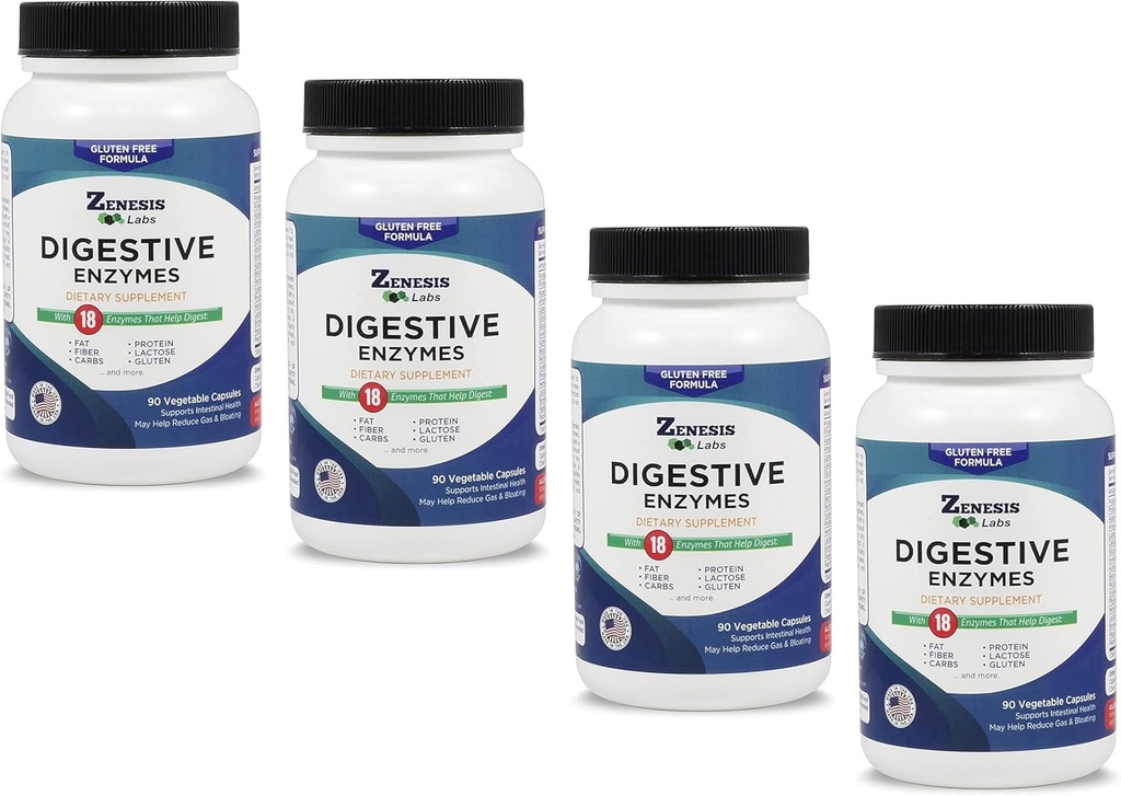 Zenesis Labs Digestive Enzymes - med Amylase, Bromelain, Protease, Lipase & 14 Andra Enzymes Bulk 360 Capsule Supply (4 Bottle Set - 90 Capsules / Bottle)