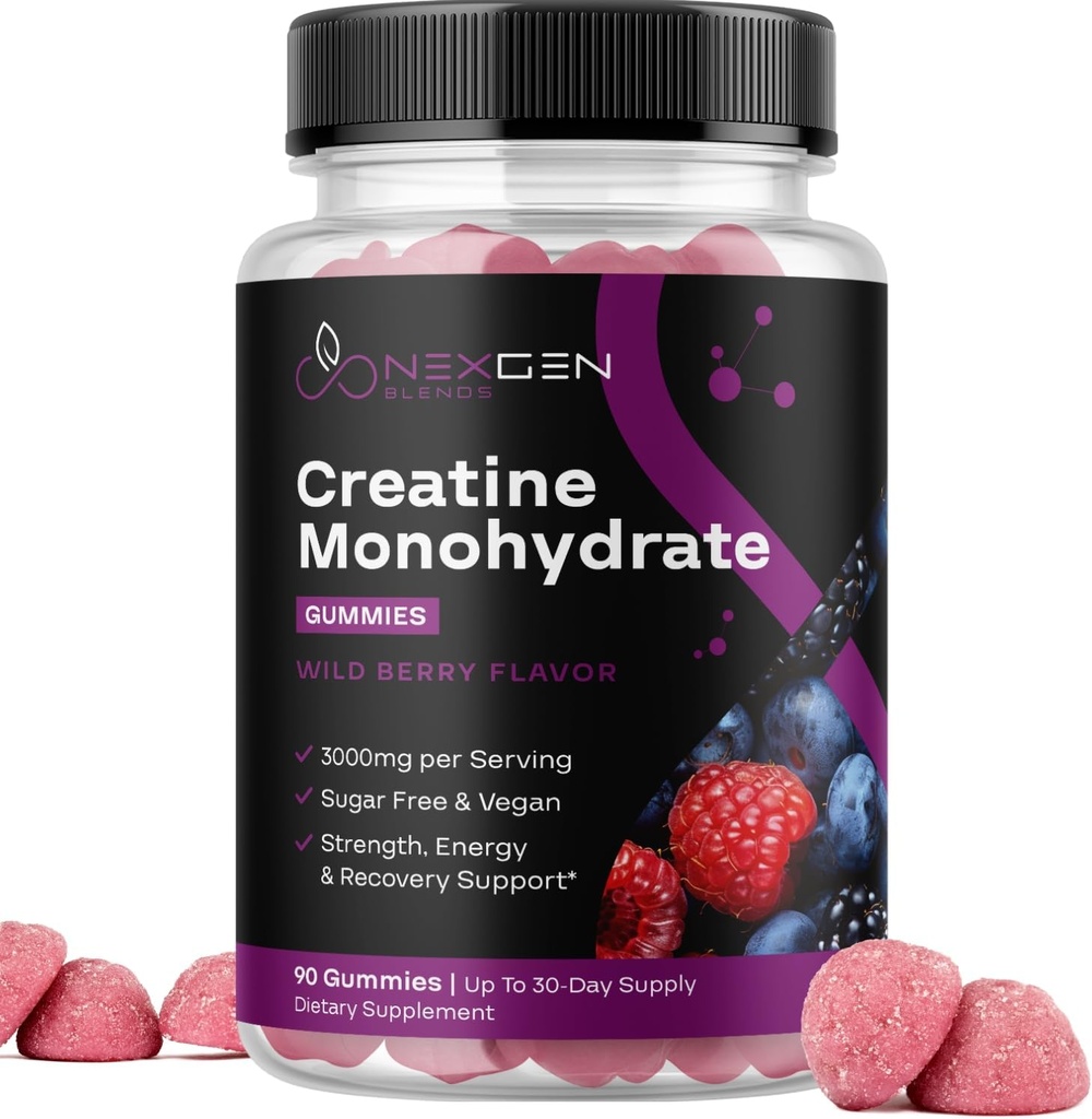Sokeriton Creatiini Monohydraatti Gummies - Vegaani Creatiini Gummies for Women & Men 3000 mg per 3 Creatiini purukumia Tukee energiaa & Recovery - Gluteeniton & ei-GMO - Wild Berry Flavor 90ct