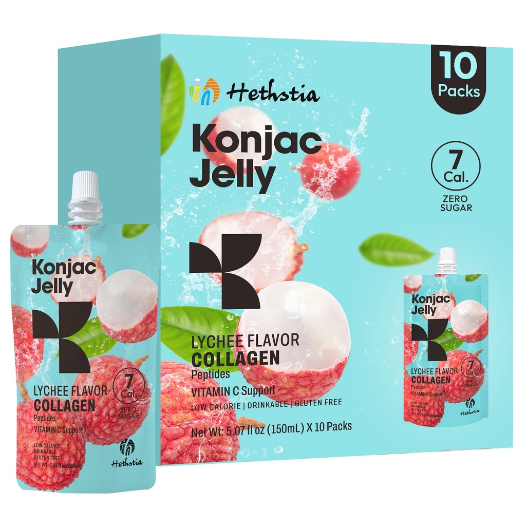 Hethstia Konjac Jelly, Lychee Konjac Jelly 10 Puses Collagen Peptides, Low Calorie Drinkable Litchi Jello, C-vitamiini Light Snacks, Sokeriton, Keto, Gluteeniton, Terveellinen Ruoka Lahjat
