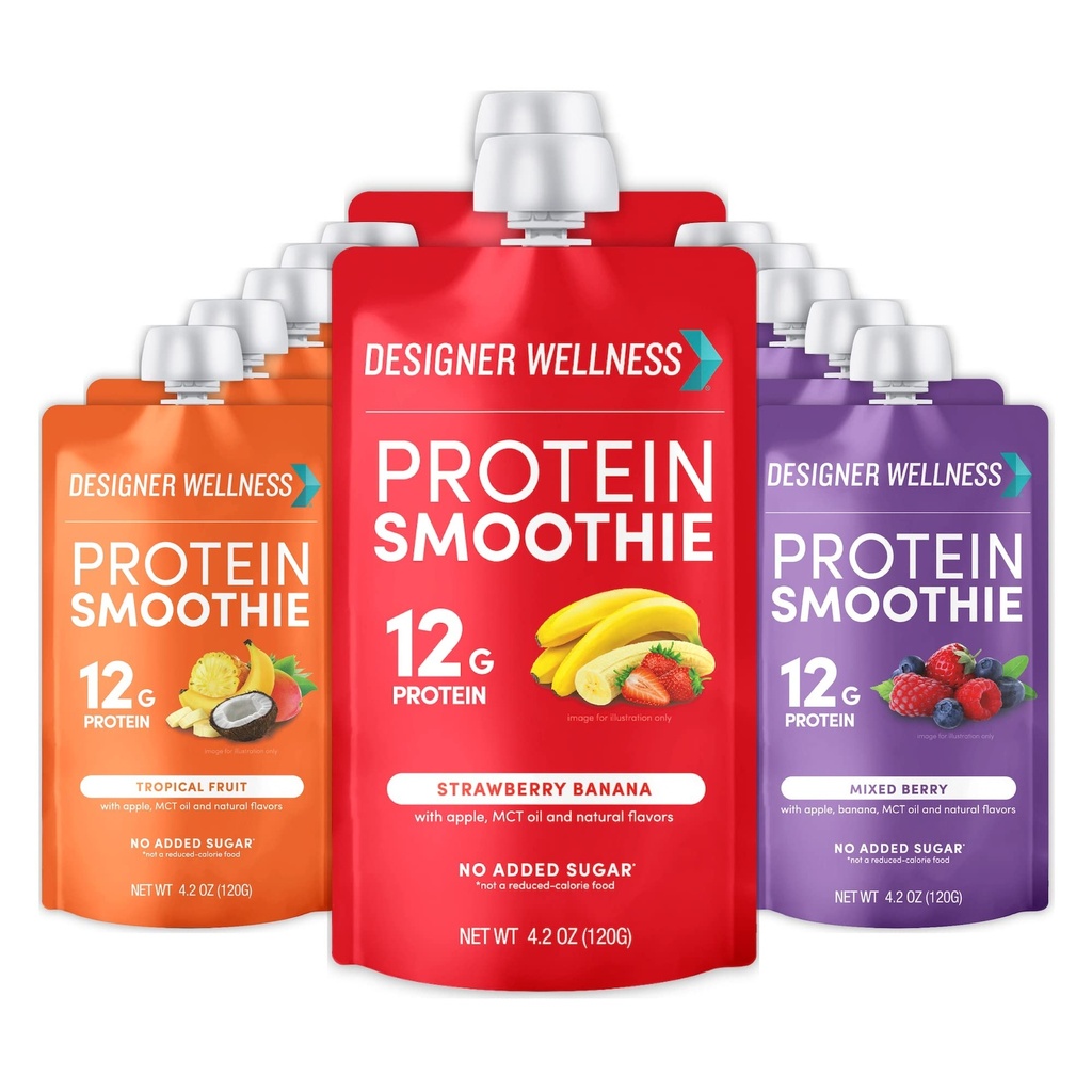 Designer Wellness Protein Smoothie, Real Fruit, 12g Protein, Low Carb, Nolla Lisätty sokeri, Gluteenittomat, ei-GMO, Ei keinotekoisia värejä tai makuja, Variety Pack, 12