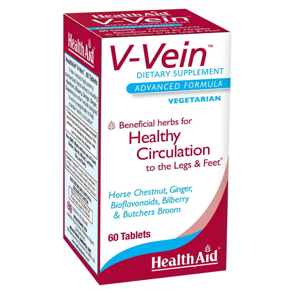 HealthAid V-Vein, Aidot ravintoaineet terveille jaloille ja jaloille, 60ct, kerran päivässä, sisältää ginkgoa, viinirypäleen siementä, C-vitamiinia ja mustikkaa, vegaania