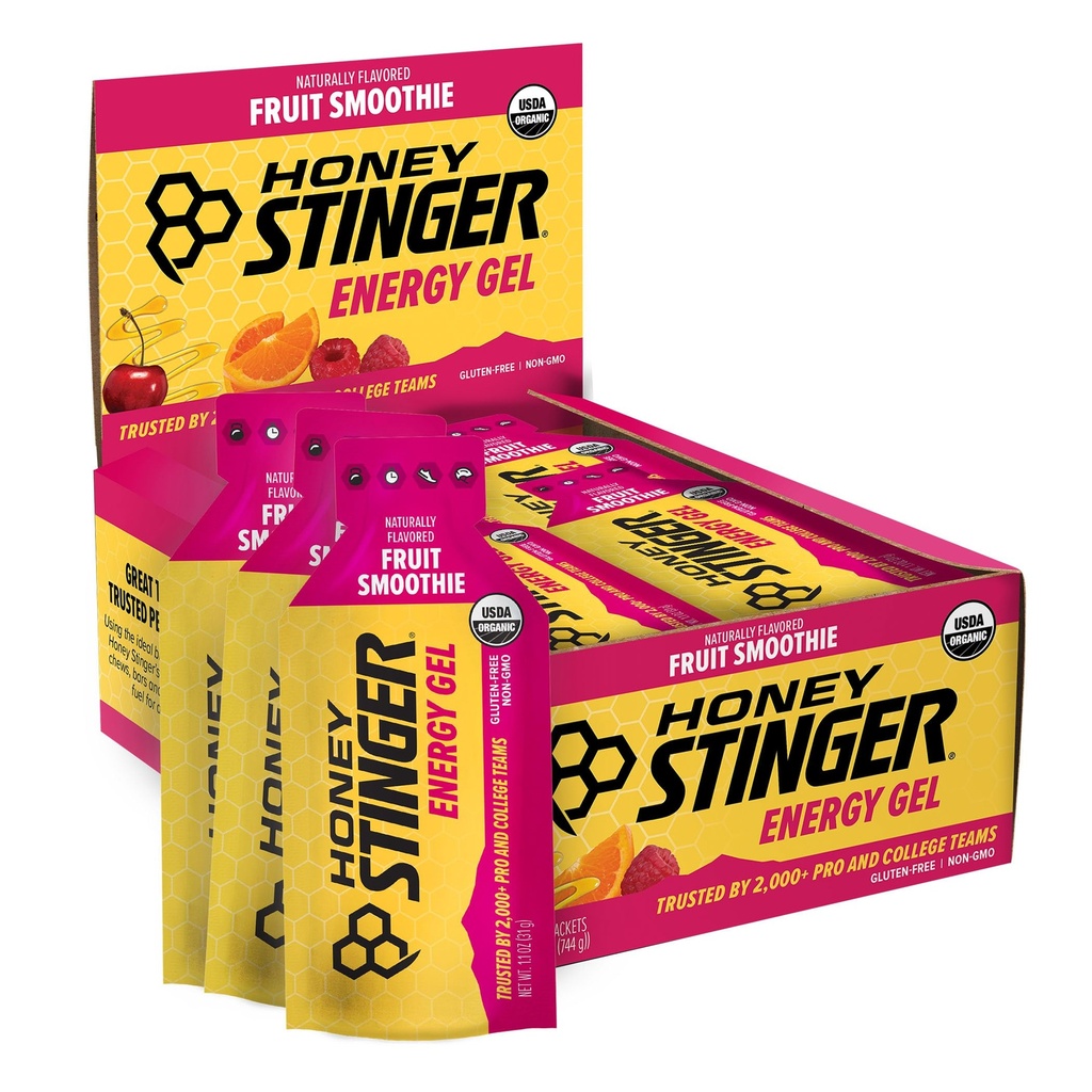 Honey Stinger Organic Fruit Smoothie Energy Gel, gluteeniton & kofeiiniton, liikunta, juokseminen ja suorituskyky, urheiluravinto kotona ja kuntosalilla, Pre & Mid Treeni, 24 Pack, 26.4