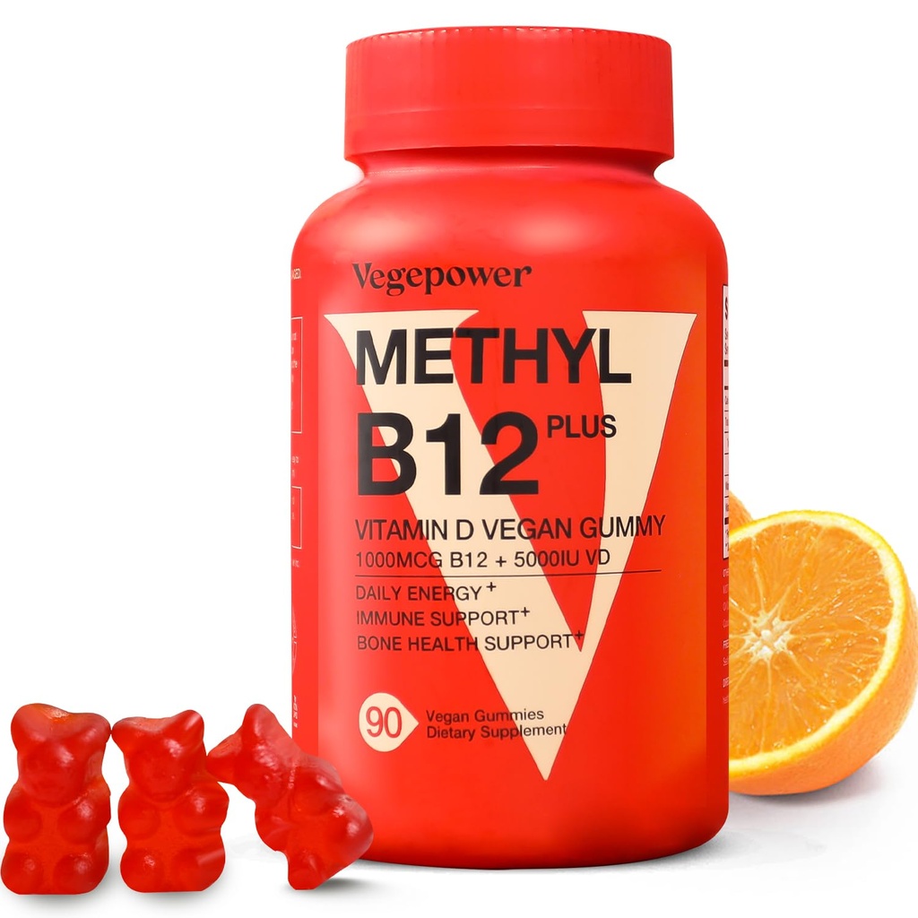 Vitamin B12 D3 Vegan Gummies - 90 greve I 1000 MCG Methyl B12 & 5000 IE Vitamin D Gummy Chewable Supplements for Adults & Kids - Immune Health & Daily Energy Boost - Non-GMO, Orange