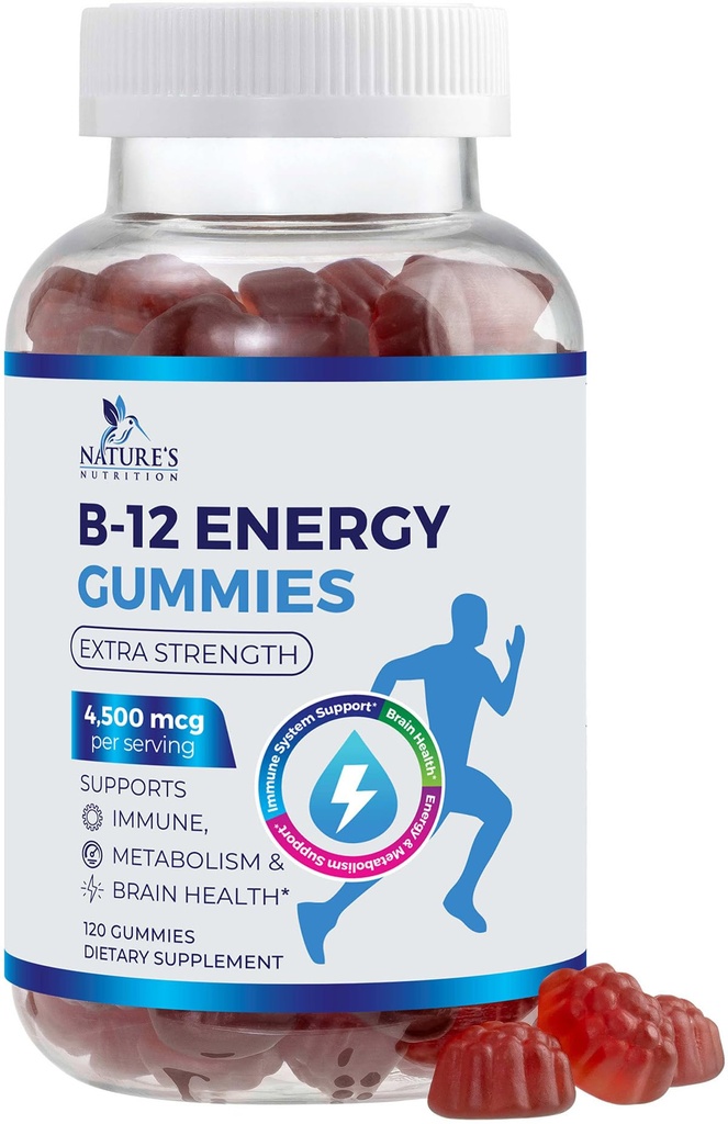 B-12-vitamiini energia Gummies 4500mcg - Extra Strength B12 Gummy Chewables for Energy Metabolia & Immuno Support - Ravintolisä naisten, miesten, & lasten - ei-GMO, Vegan, Berry Flavor - 120
