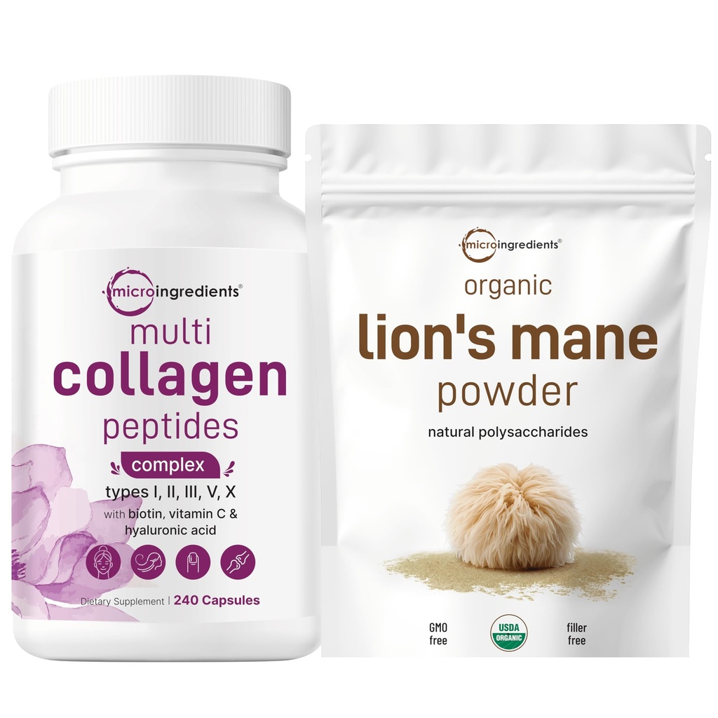 Micro Ingredients Multi Collagen Complex & Lions Mane Sieni Supplement Powder Bundle 2 Pack 