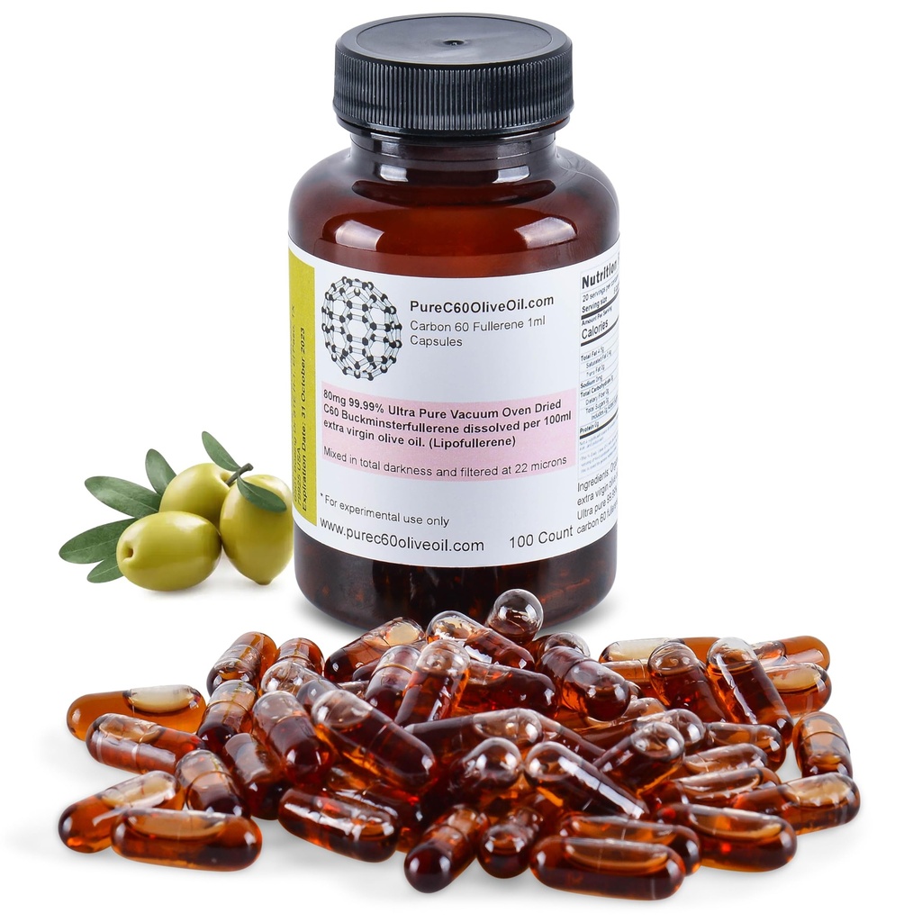 PureC60OliveOil C60 Organic Olive Oil Capsules Pills 100ml / 3.4 Fl Oz - 99.99% Kol 60 lösningsmedel Fri 80mg - Mat Grade - Kol 60 Olivolja - Från den ledande globala producenten
