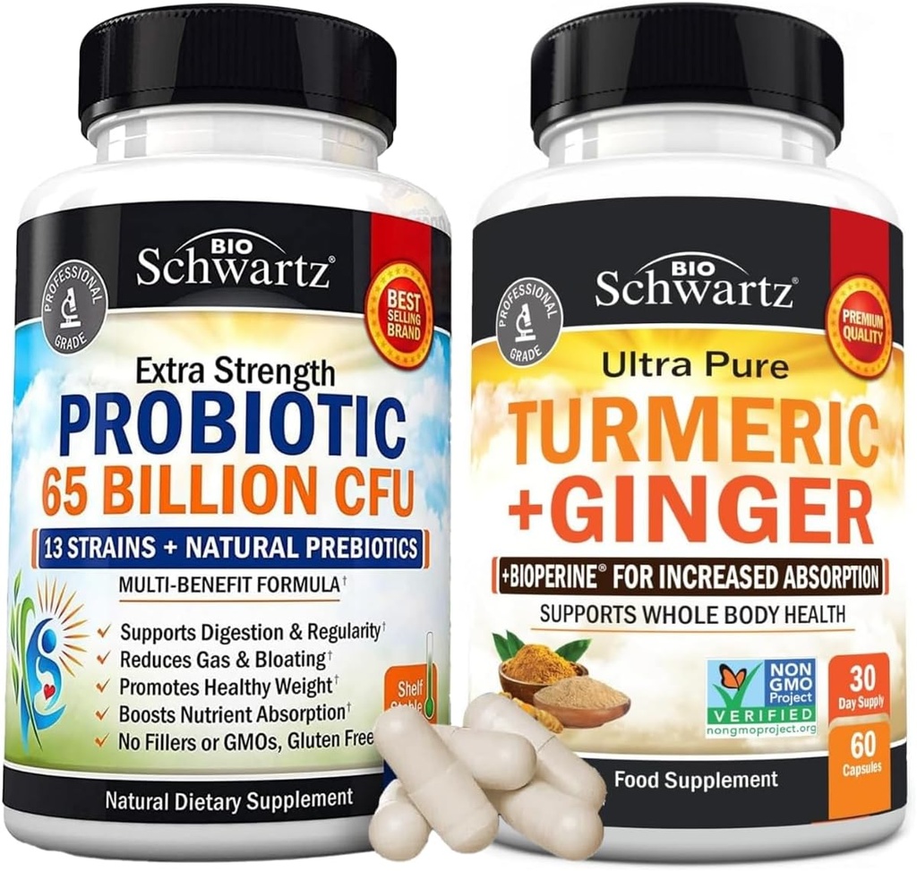 Organisk gurkmeja Curcumin och Ginger Supplement (1 månads Supply) Plus 65 miljarder CFU Daily Probiotic Supplement (1 månads leverans)