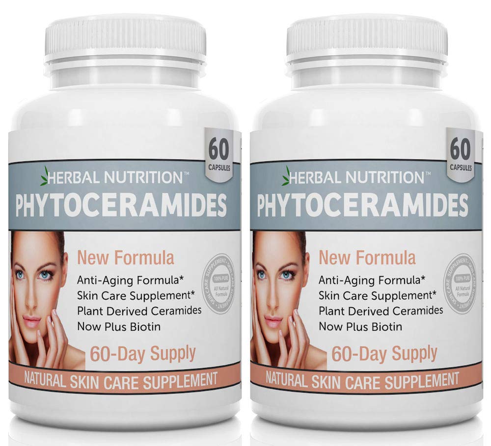 Phytoceramids Rice Based with Biotin Anti Aging Supplement, ryppyjen poistoaine ja kasvokosteuttava Phytoceramids A-, C-, D- ja E-vitamiini, Two Bottle Pack, 120 kapselia 40 mg, Gluteeniton