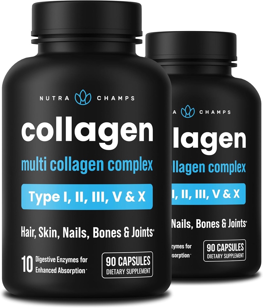 NutraChamps Multi Collagen Pills, Tyypit I, II, III, V, X, Double Hydrolysed Collagen Peptides Powder Capsules, Protein Supplement for Women & Men, 180 kapselia (paketti 2)