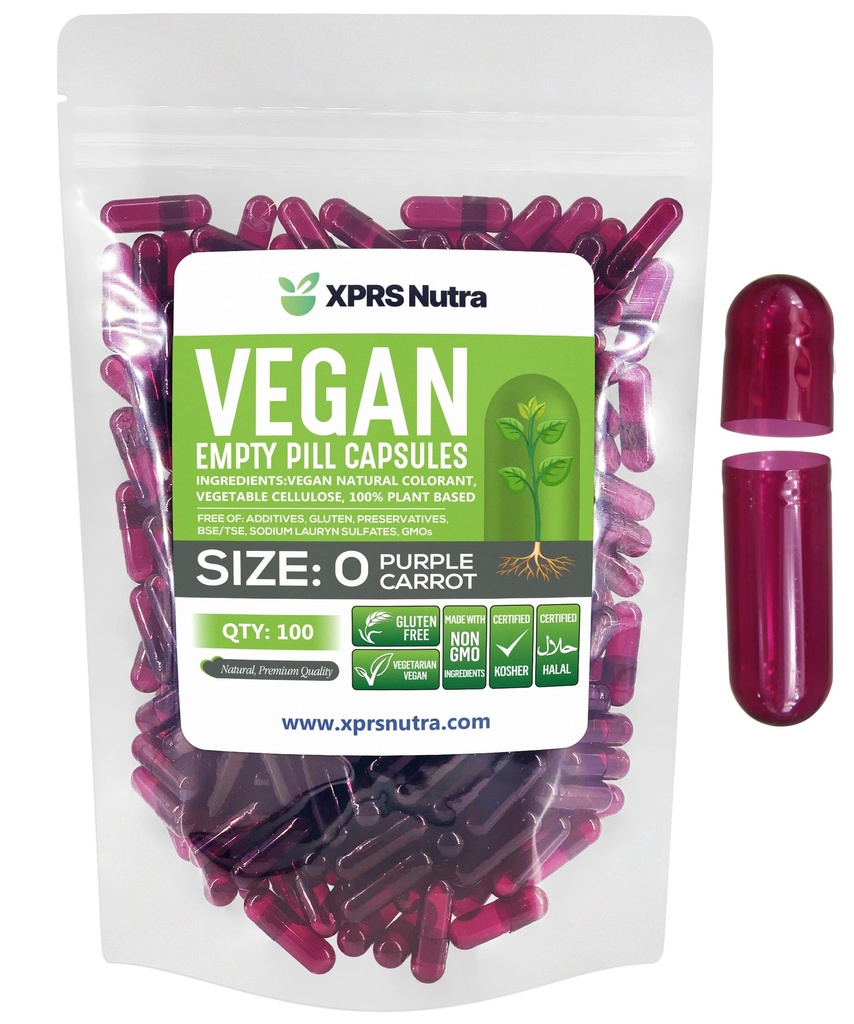 XPRS Nutra Size 0 Tomma kapslar - 100 Greve Empty Vegan kapslar - Vegetariska piller - DIY Vegetabilisk kapselfyllning - Veggie Pill Caps for Do-It-Yourself Supplements (Purple Carrot)