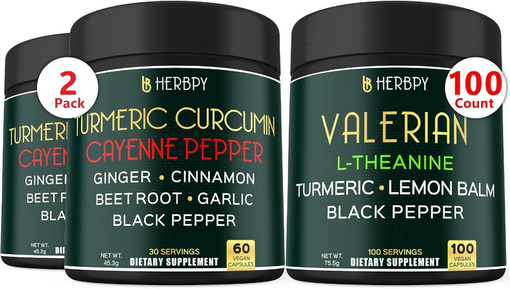Bundle 7in1 Turmeric Curcumin & 5in1 Valerian Root Supplement - Stöd Digestion, Hjärthälsa, immun och avkoppling
