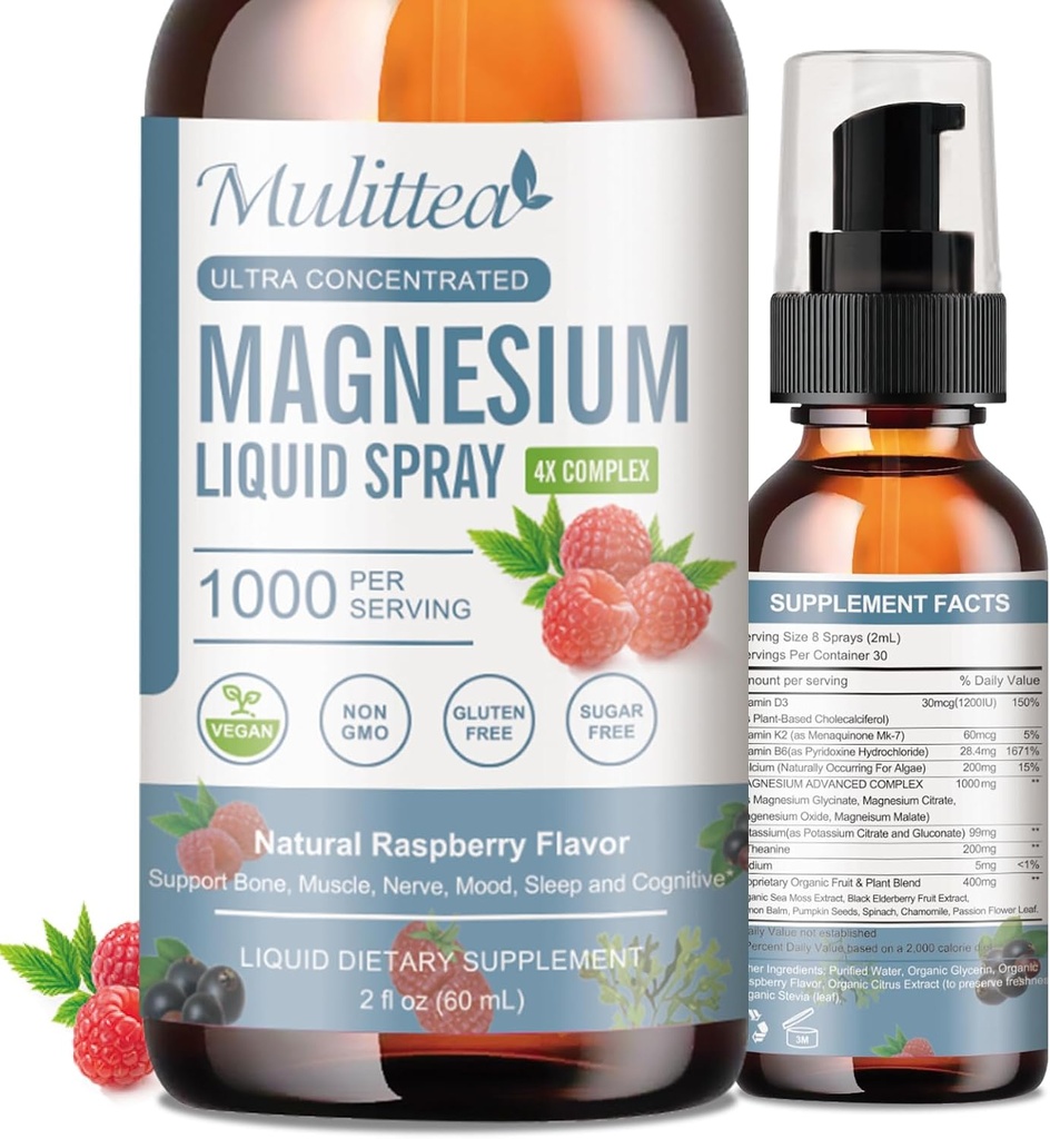 Magnesium Glycinate Liquid med Citrate, Taurate, Malate-Magnesium Complex Drops Spray W/Potassium L-Theanine-High Absorption -Vegan, Sugar Free, 2 Fl.oz